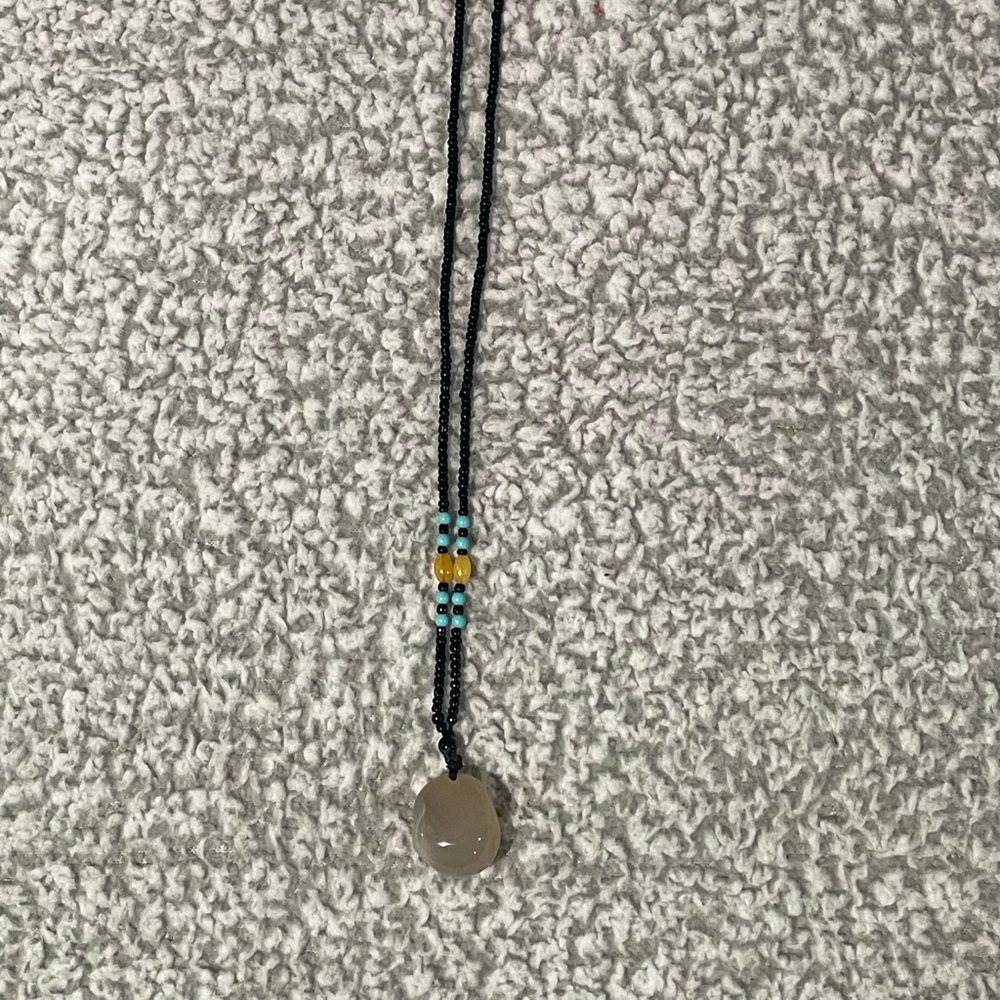 Black Beaded Necklace with Agate Pendant